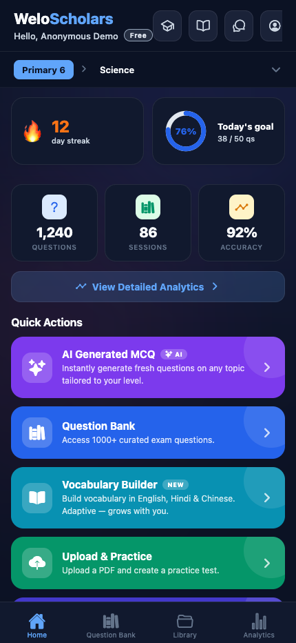 WeloScholars home screen in dark mode