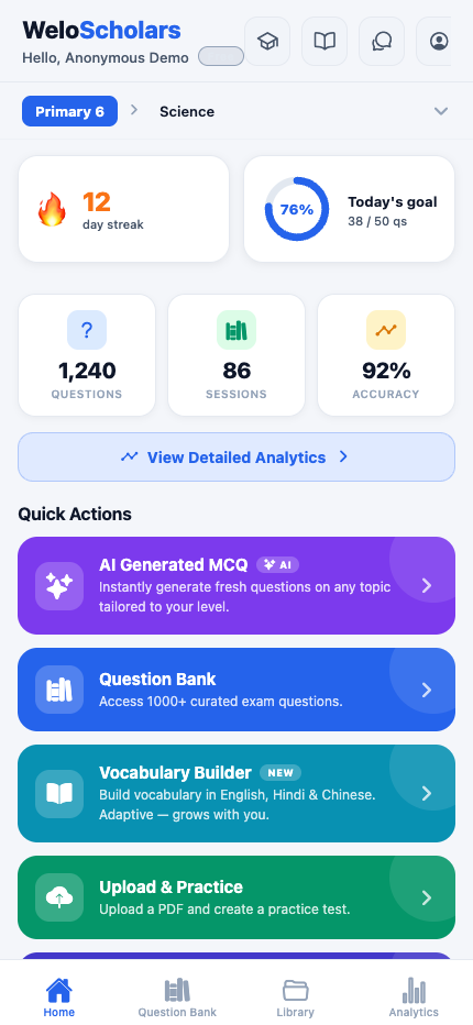 WeloScholars home screen in light mode